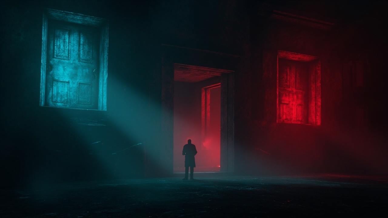 The Threshold — Blue or Red? AI-generated illustration of a player facing massive blue and red doors in a brutalist concrete wall