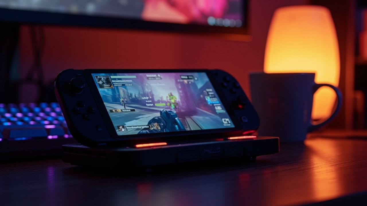 EMPULSE on a handheld (AI-generated illustration) AI 生成的 Steam Deck 风格手持设备插图,屏幕显示多人 FPS 对战中