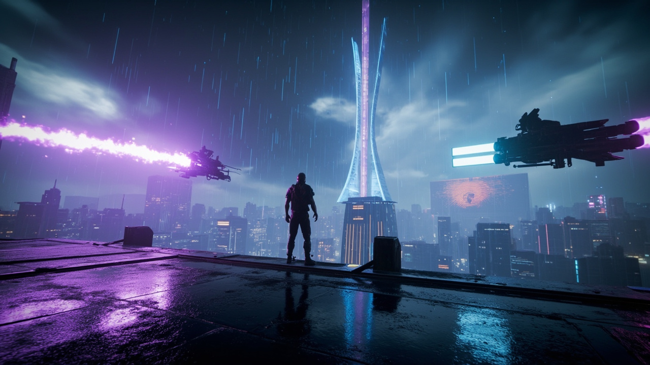 EMPULSE-style rooftop combat (AI-generated illustration) AI 生成的 FPS 场景:屋顶、机甲、曳光弹 — 非官方 EMPULSE 截图