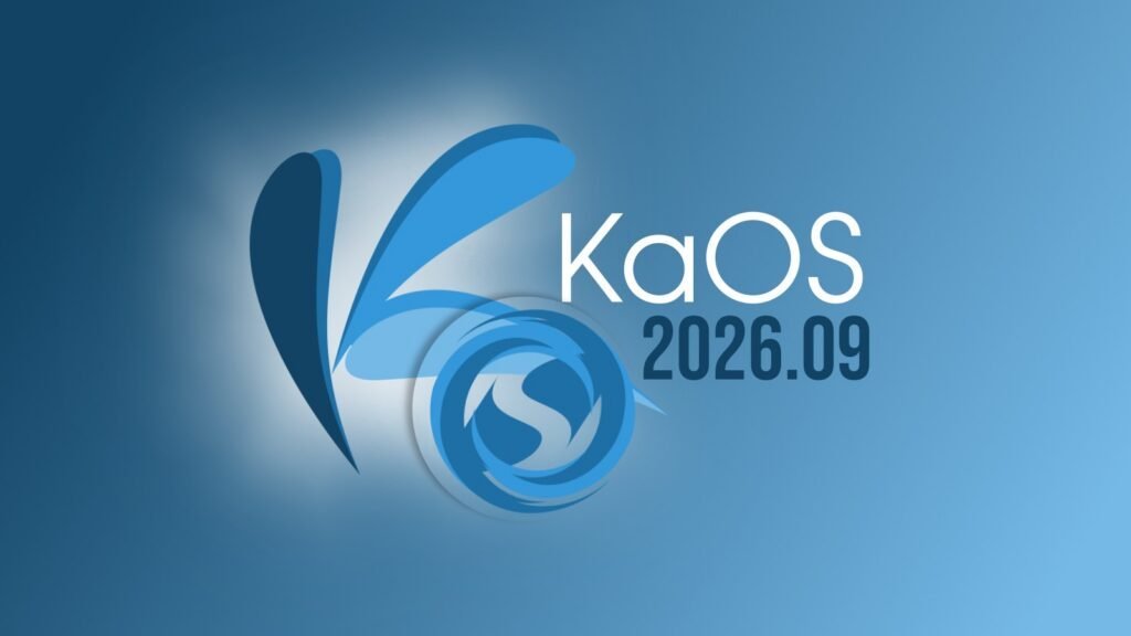 Official KaOS Linux 2026.09 release banner with the KaOS K logo and version label on a blue gradient.