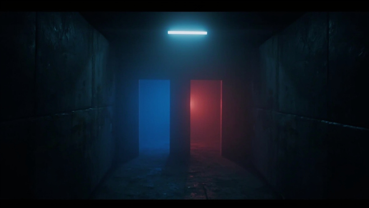 Project Threshold — Cinematic Horror on Linux AI-generated illustration of a dim corridor with glowing blue and red doors, evoking the project's central choice mechanic