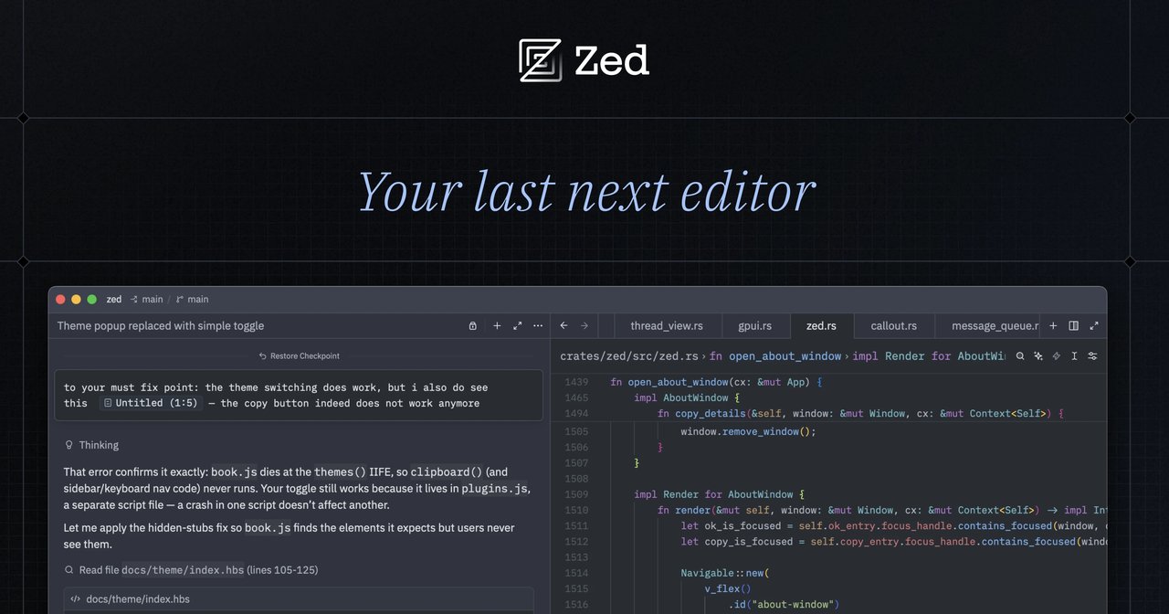 Zed 编辑器官方主图,展示 Rust 编写、多核与 GPU 加速的标语,深色背景。