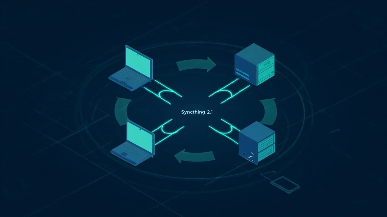 The Syncthing mesh AI 生成的 Syncthing 2.1 网络拓扑示意图(非官方截图):五台设备围绕中心引擎块,双向同步箭头连接。