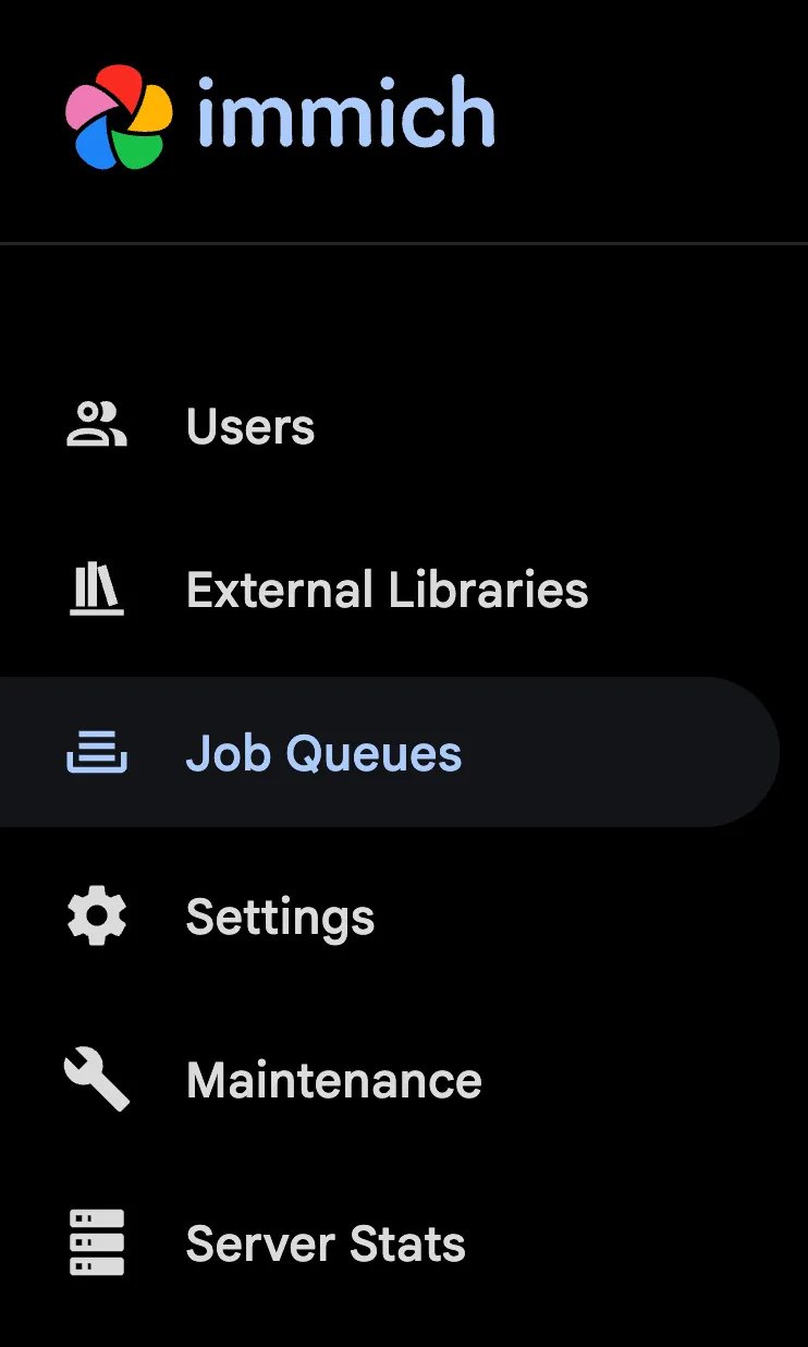 Immich administration Jobs tab listing background jobs such as thumbnail and machine learning tasks