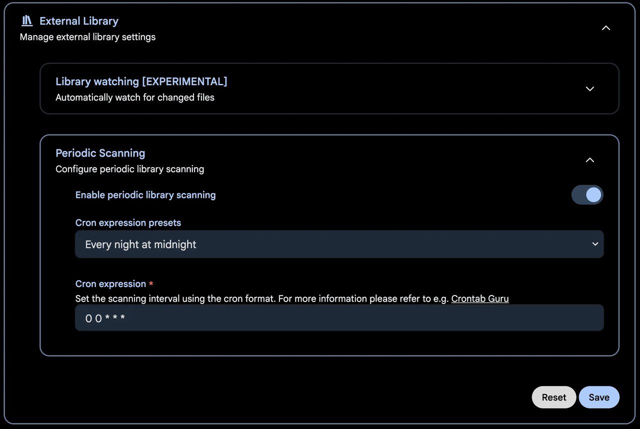 Immich admin panel configuring a custom scan interval for an external library