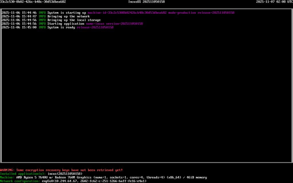 IncusOS architecture overview — immutable Debian base feeding into the Incus daemon, Operations Center, and Migration Manager.