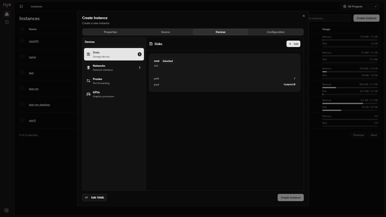 Hye Ararat, the new web UI native to Incus, showing instance list, status and resource usage on a dark dashboard.