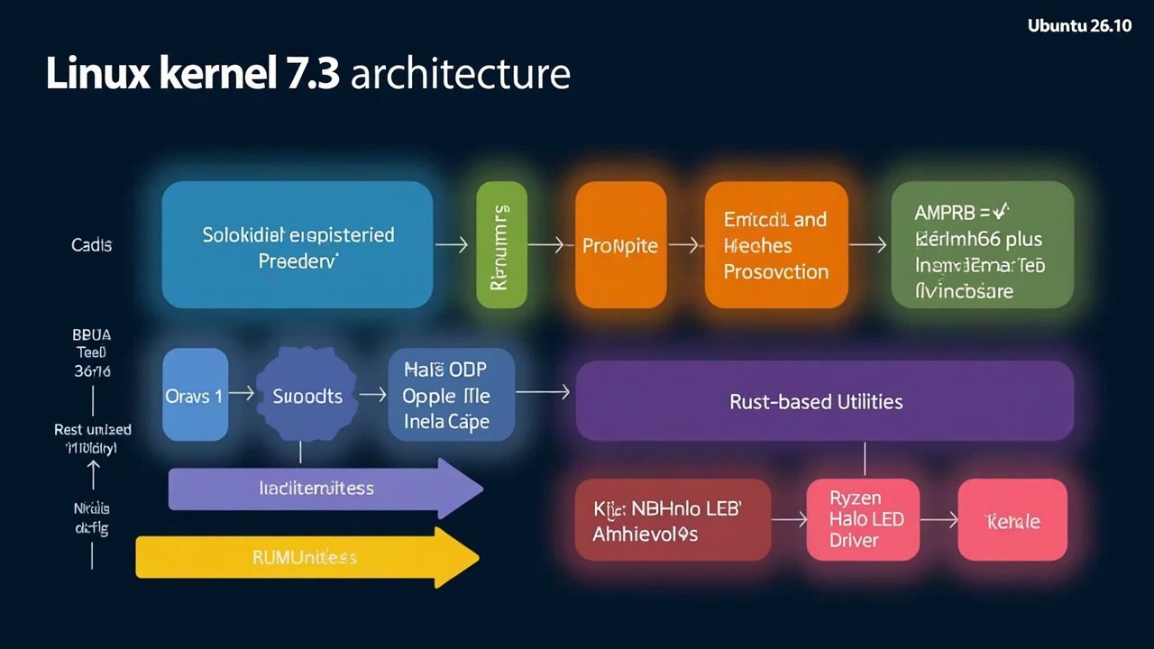 Kernel 7.3 subsystems AI 生成的技术信息图 — 非真实截图。展示 Linux kernel 7.3 子系统架构:Scheduler、Btrfs、DRM、KSMBD、Rust 工具、Ryzen AI Halo 模块