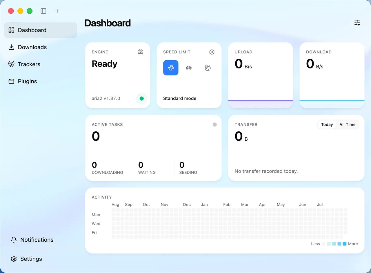 Motrix Next dashboard — overview of all downloads Motrix Next dashboard showing an active HTTP download with a multi-segment progress bar, queue panel and side stats.
