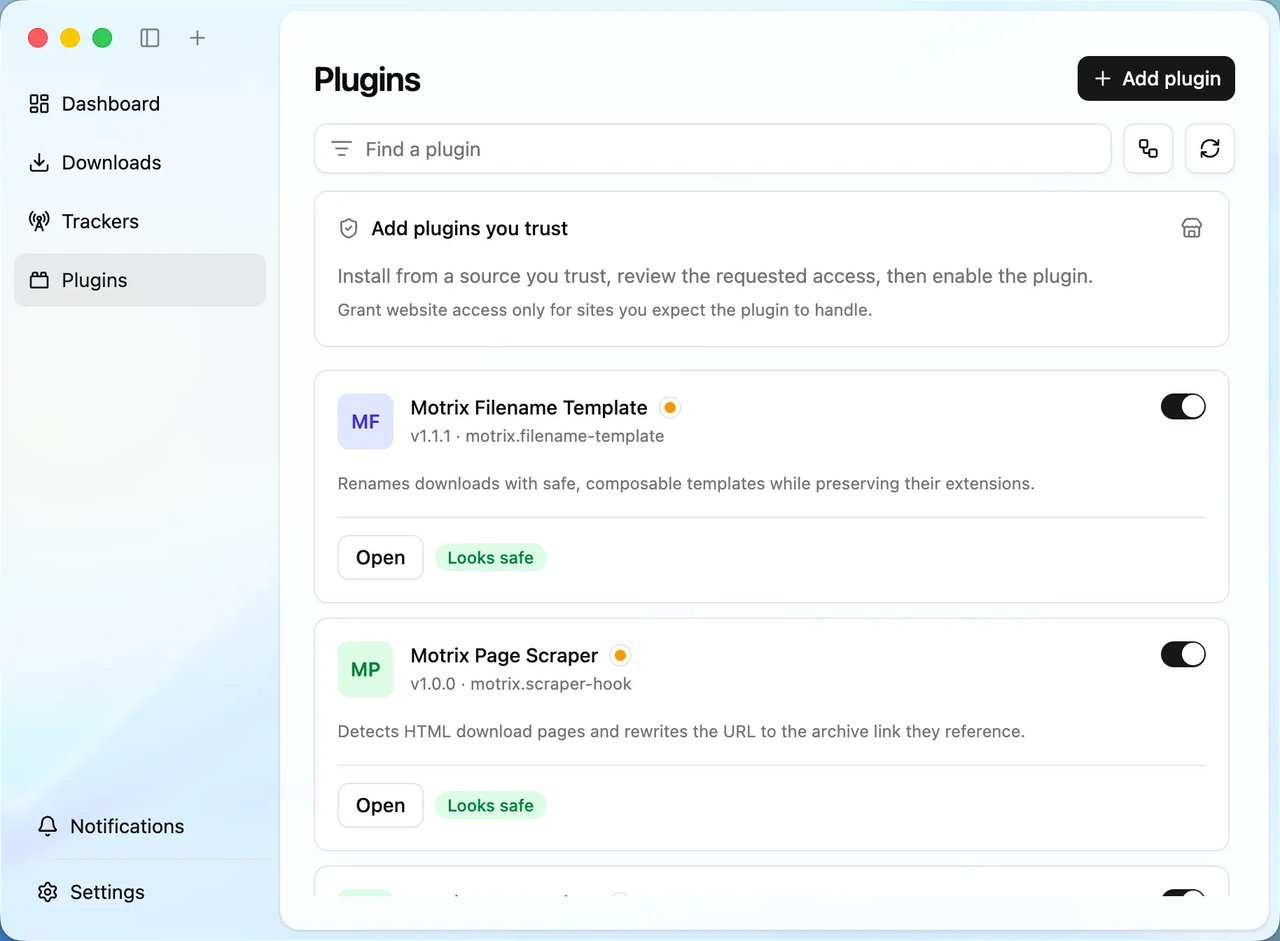 Plugin registry — installed and available plugins Motrix Next plugin registry view showing installed and available plugins for naming, link resolution and extensions.