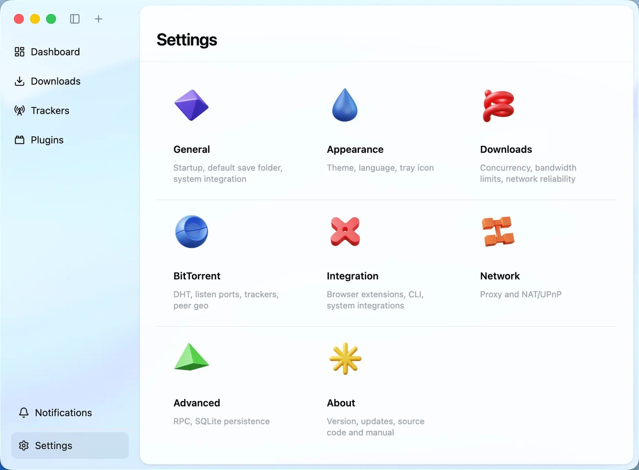 Settings — General, Downloads, Connection, BitTorrent, Appearance Motrix Next settings panel with category sidebar covering General, Downloads, Connection, BitTorrent and Appearance.