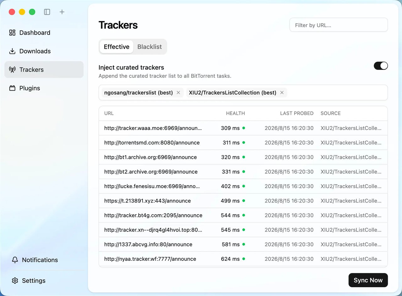 Motrix Next BitTorrent trackers panel showing peer counts, scrape status and per-tracker DHT/PEX flags.