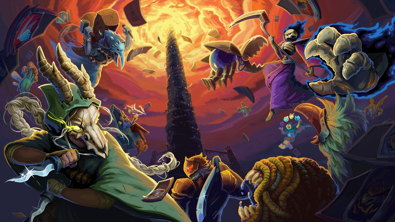 Slay the Spire 2 key art showing the new character cast against a stylized dark cathedral backdrop.