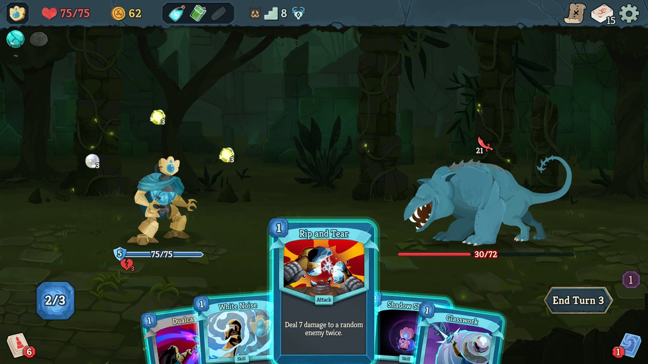 Gameplay screenshot of a turn-based combat encounter showing a hand of cards and an enemy intent line.