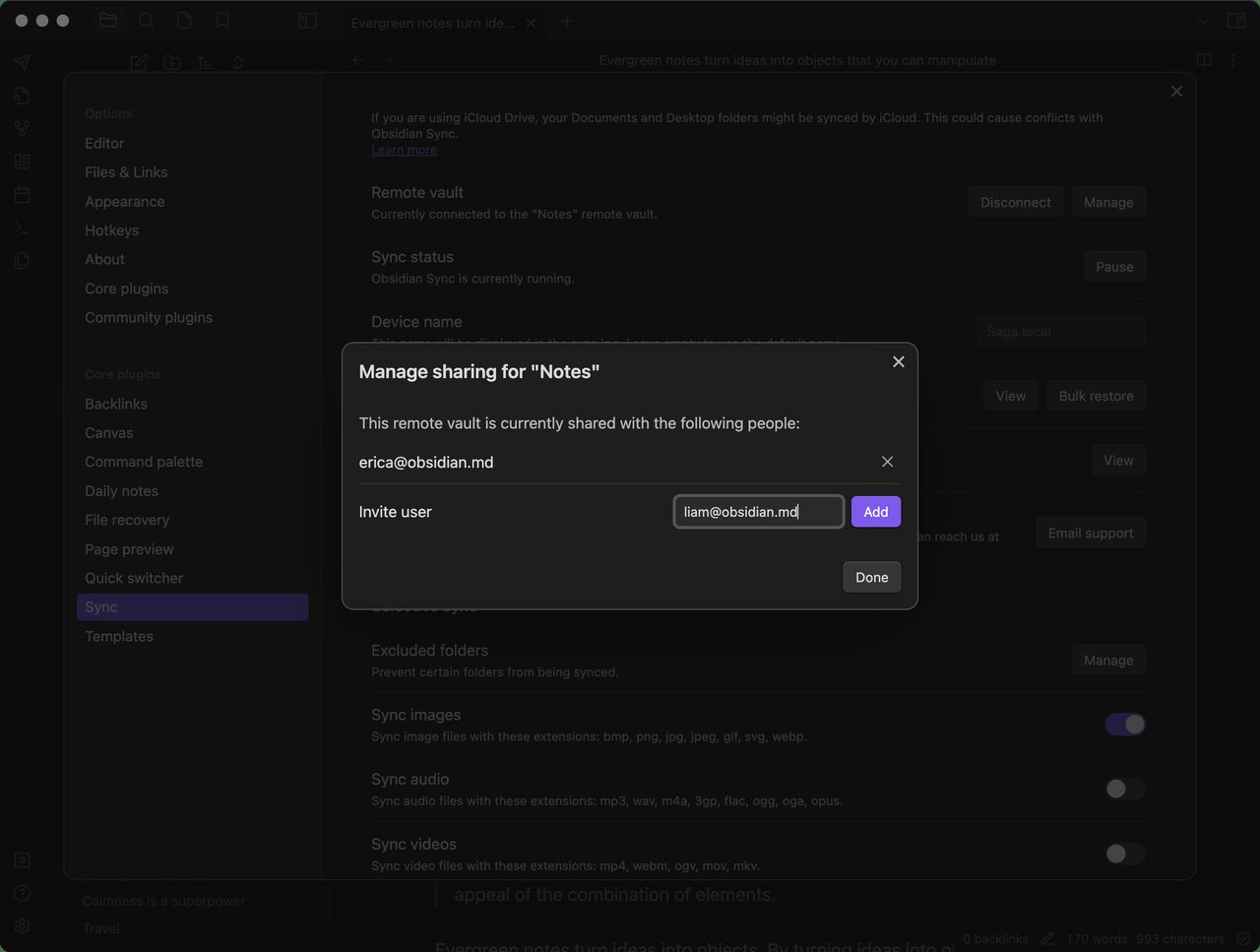 Obsidian Sync：端到端加密的 Vault 同步，含版本历史、共享 Vault、按文件类型（图片、音频、视频、PDF）选择性同步。