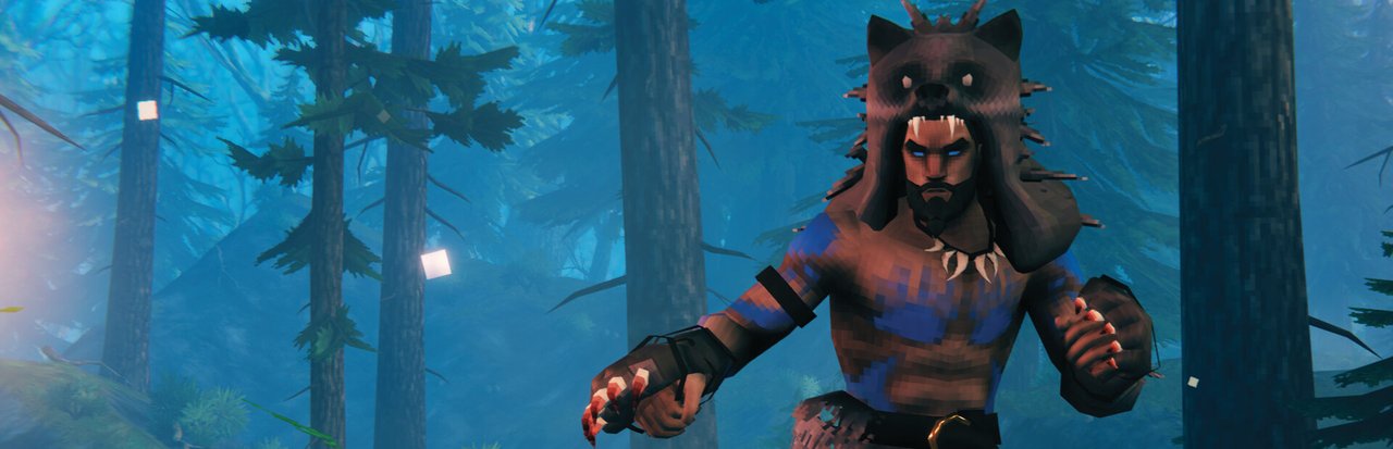 Valheim 官方 Steam 库横幅 —— 一位戴着熊头兜帽的维京战士身处黑森林生态,采用游戏标志性的低多边形手绘风格。