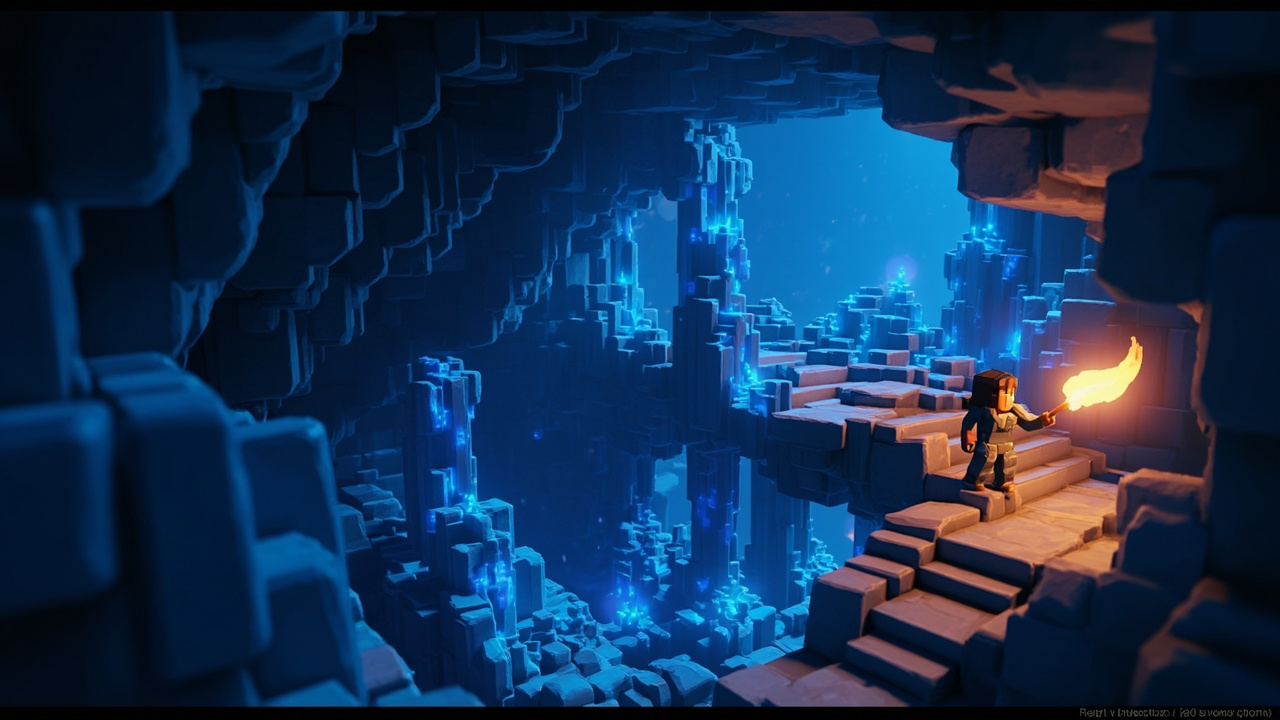 Cave exploration AI-generated illustration of a voxel RPG cave exploration scene with glowing crystal clusters.