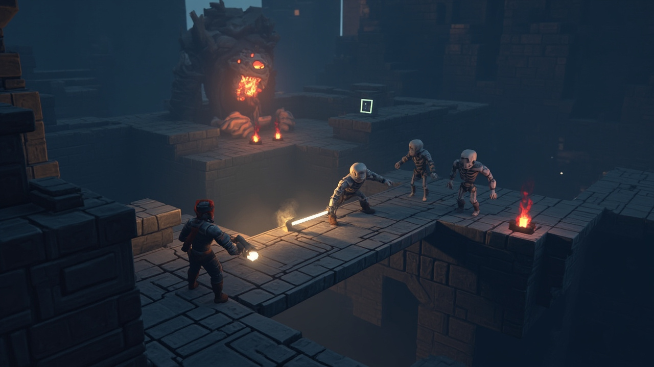Combat in Veloren AI-generated illustration of a voxel RPG combat scene with a sword-wielding adventurer facing undead enemies on a stone bridge.