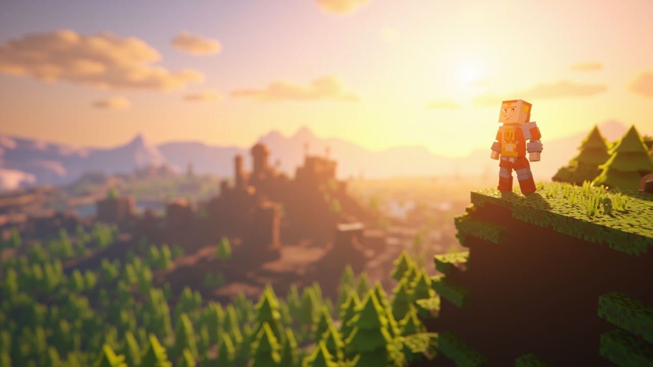 Veloren on Linux AI-generated illustration of a voxel RPG hero standing on a cliff at golden hour, evoking the Veloren aesthetic.