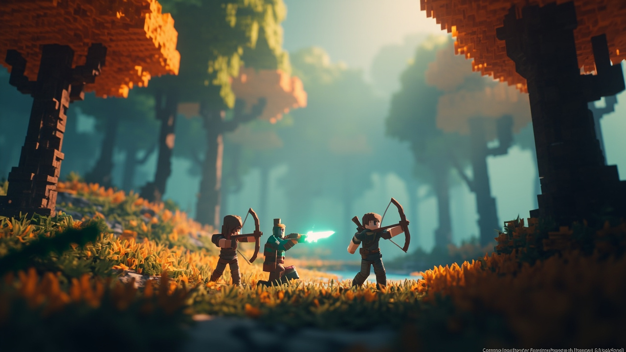 Multiplayer adventures AI-generated illustration of three voxel adventurers exploring a misty forest together.