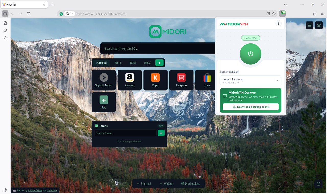 MidoriVPN 侧栏面板:浏览器内一键连接