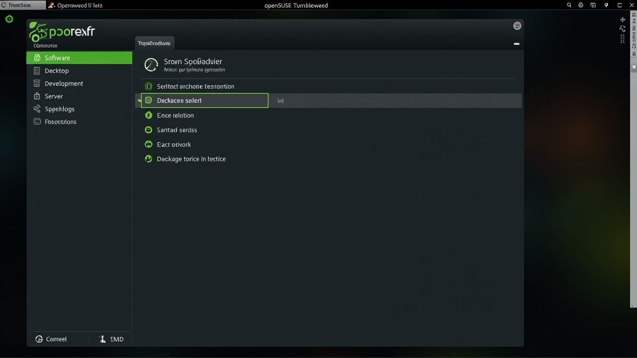 YaST2 installer — AI illustration AI-generated illustration of the openSUSE YaST2 software-selection screen during Tumbleweed installation, showing package categories in a dark GTK theme.