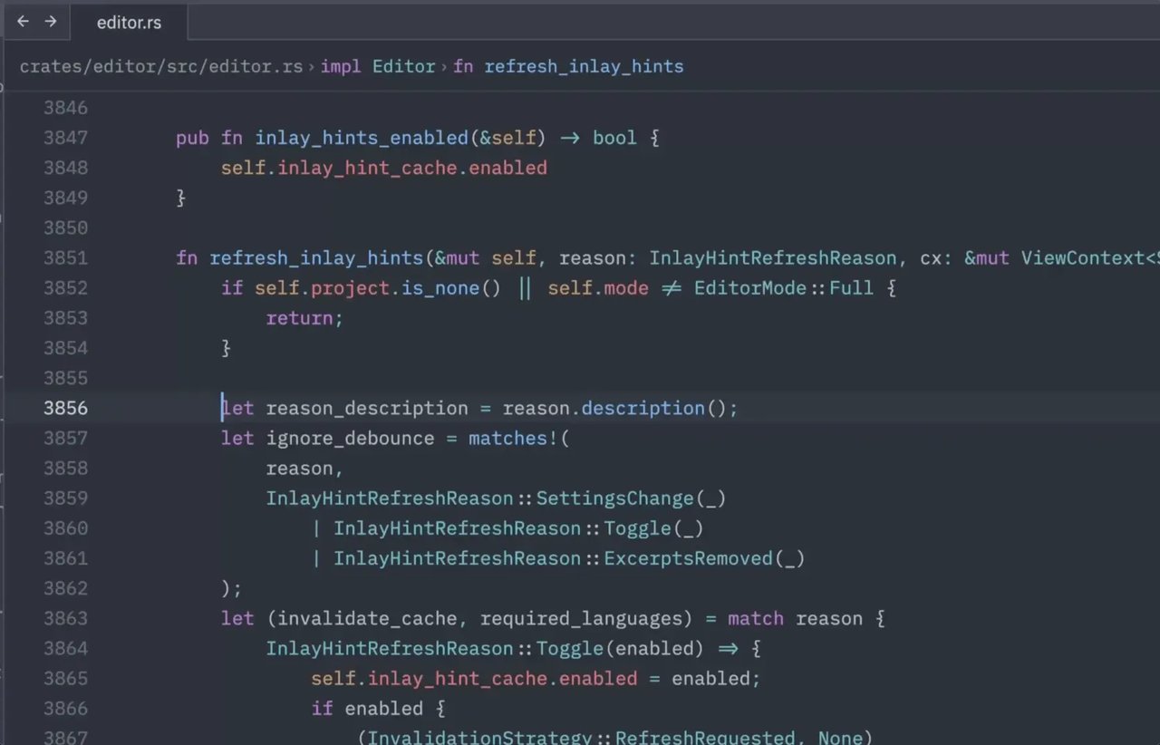 Zed 内置语言服务器视图,展示对 Rust 源文件的实时诊断、悬停文档与符号大纲。