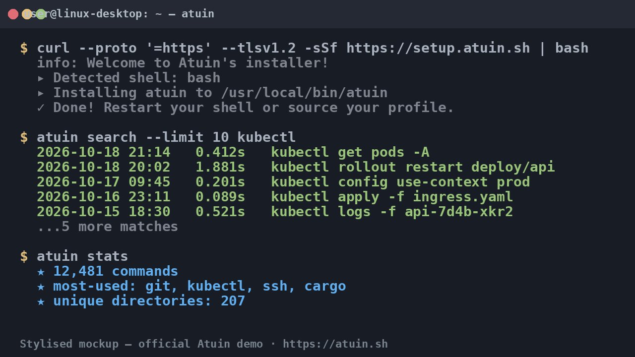 One-line installer gets you up and running in under a minute 官方 Atuin 安装脚本与首次搜索命令的样式化模拟
