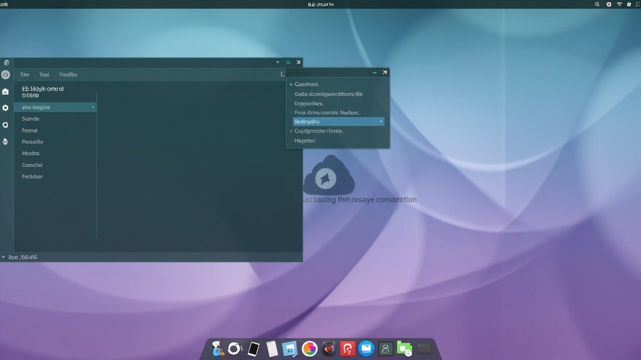 AI 生成的 Pop!_OS / COSMIC 桌面插图,顶栏 + 左侧栏 + 底部 Dock,青紫渐变壁纸