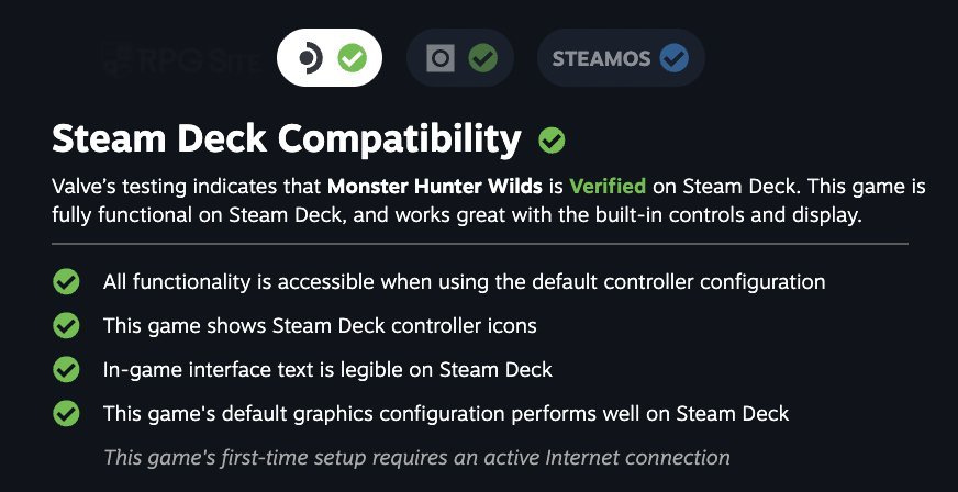 Steam Deck 兼容性页面显示《怪物猎人荒野》获得 Verified 认证,Valve 推荐使用 Proton Experimental
