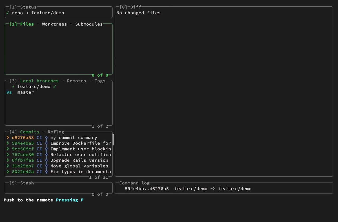 lazygit's diff view shows staged hunks with syntax highlighting and full git context. 官方 lazygit 演示中段帧,显示暂存文件更改的彩色 diff 视图,右侧为提交图谱和命令日志。