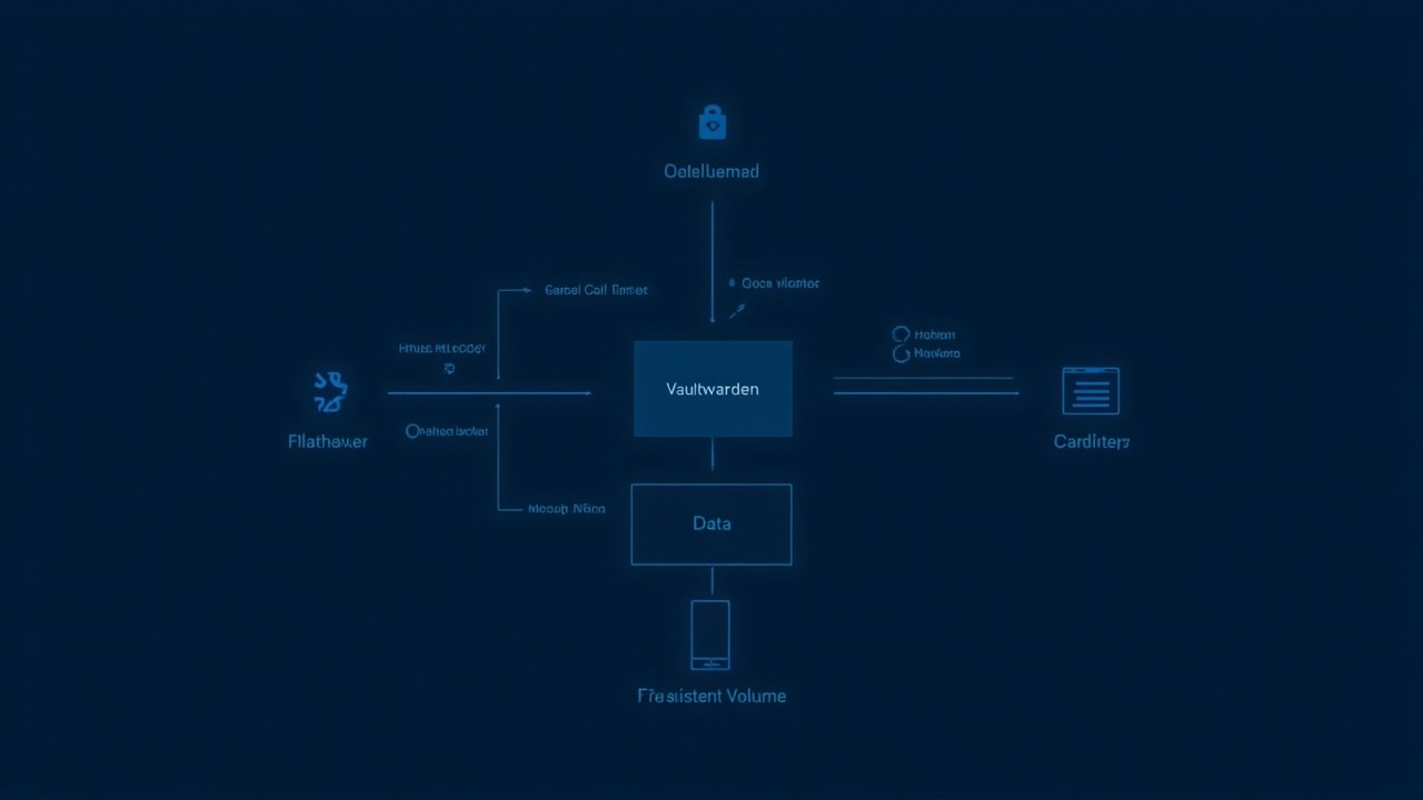 AI 生成的架构示意图 — Vaultwarden 容器 + HTTPS 反向代理 + 持久化数据卷