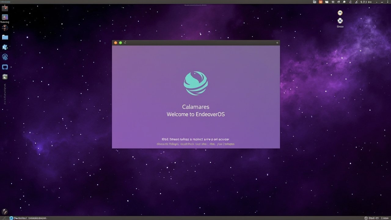 EndeavourOS Titan Nova live session AI 生成的 EndeavourOS Titan Nova 桌面插图,紫色星空壁纸上的 Calamares 安装器与 Welcome 应用