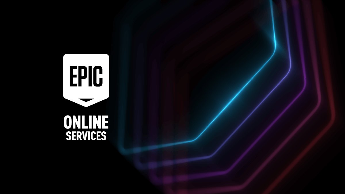 Epic Online Services branding Epic Online Services 品牌图:近黑背景上的白色 EPIC 盾牌徽标与 ONLINE SERVICES 字样,右侧为青色、紫色、洋红色的层叠等高线。