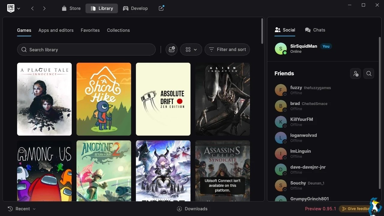 Epic 启动器在 Linux 上运行(真实截图) Epic 启动器运行在 Linux 上的真实截图:可见 Epic Games 盾牌 Logo、Store / Library / Develop 标签栏,以及 A Plague Tale: Innocence、Short Hike、Among Us 等已安装游戏的网格视图。