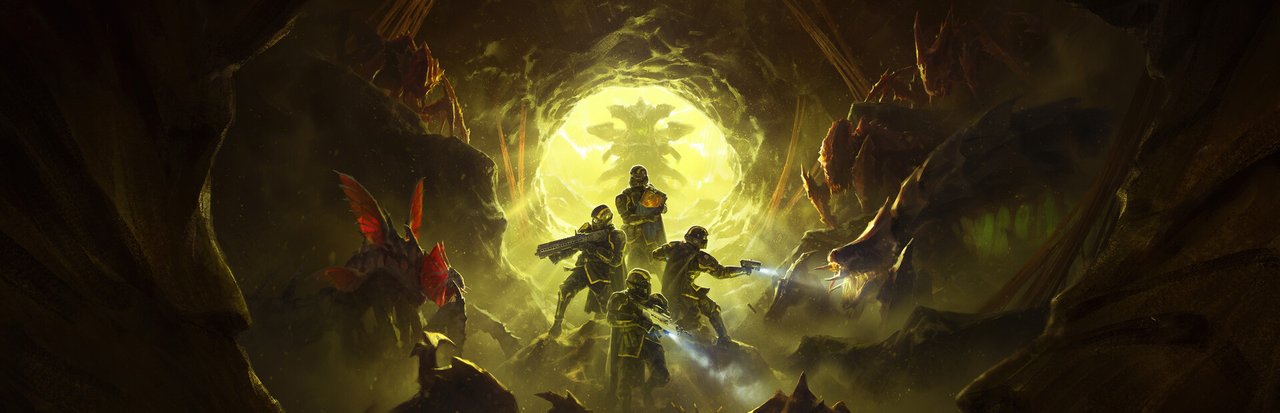 Official Helldivers 2 Steam library hero artwork: four Helldivers advancing on a Terminid swarm around a glowing green portal in an organic hive cavern.