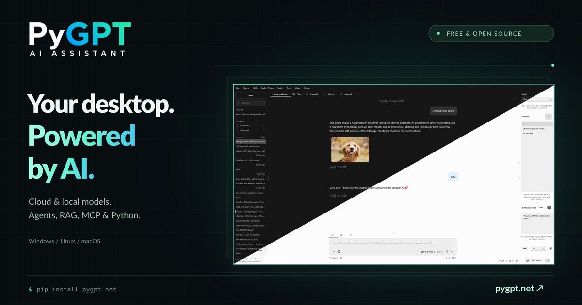 PyGPT — desktop AI assistant PyGPT social card showing the dark-themed desktop AI assistant interface on a Linux desktop