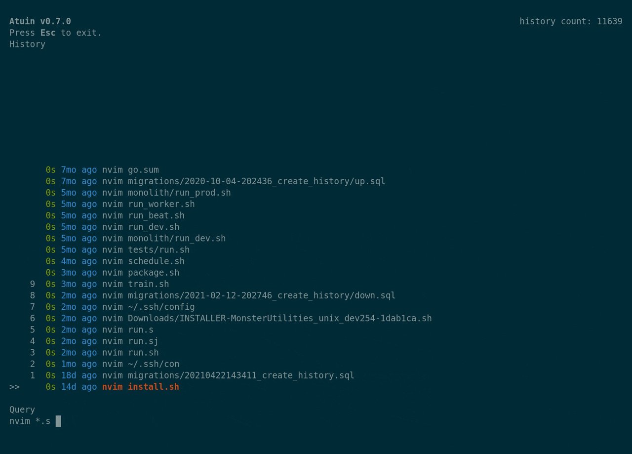 Atuin replaces your shell history with a searchable, structured SQLite database Atuin 全文本搜索界面,显示带退出码、耗时、时间戳和命令预览的 Shell 历史