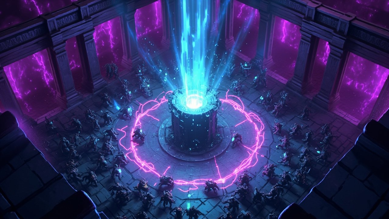 The arena and the swarm AI 生成的插图:黑暗竞技场中央一座发光的水晶塔,正在向四面八方的敌人射出光束