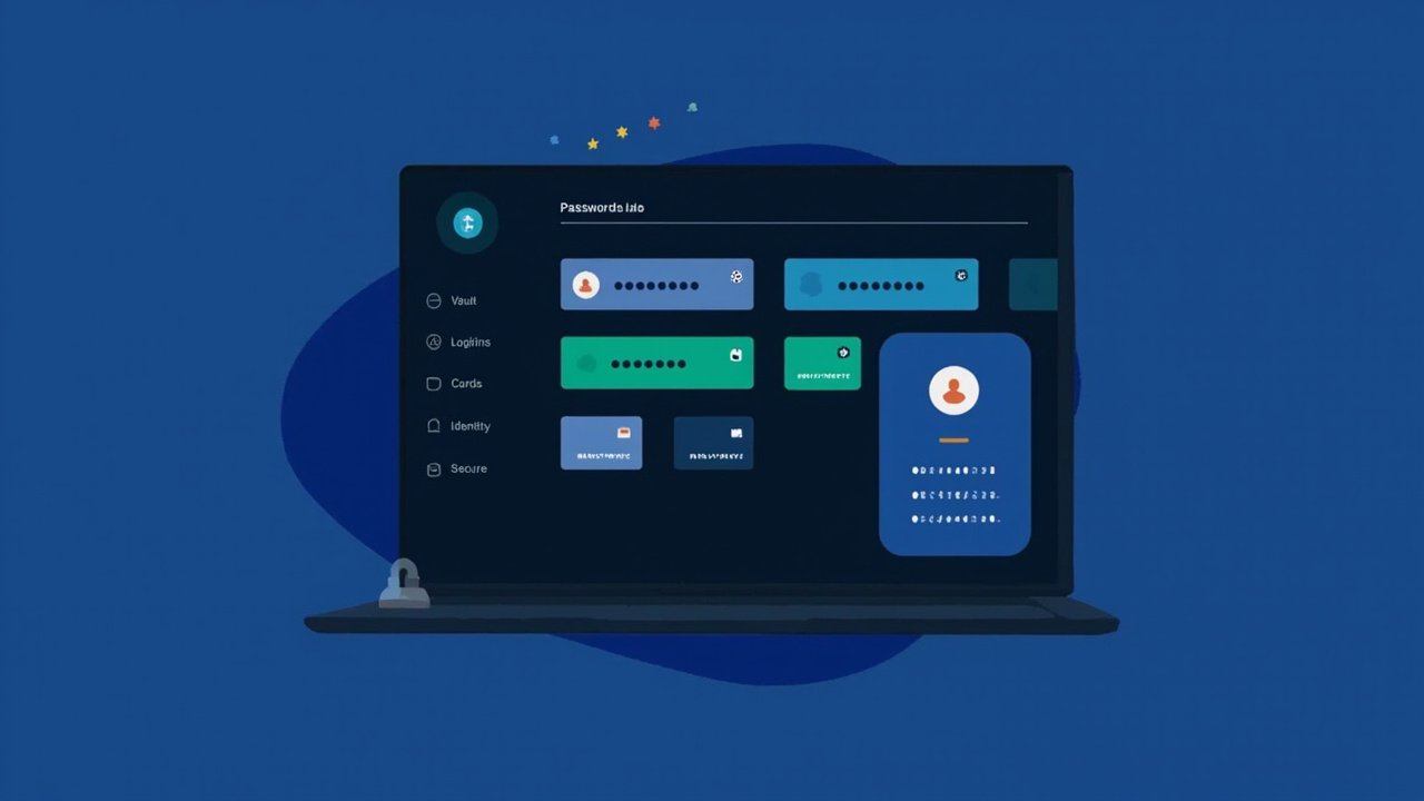 AI 生成的自托管 Vaultwarden 密码保险库仪表板插图 — 非官方截图