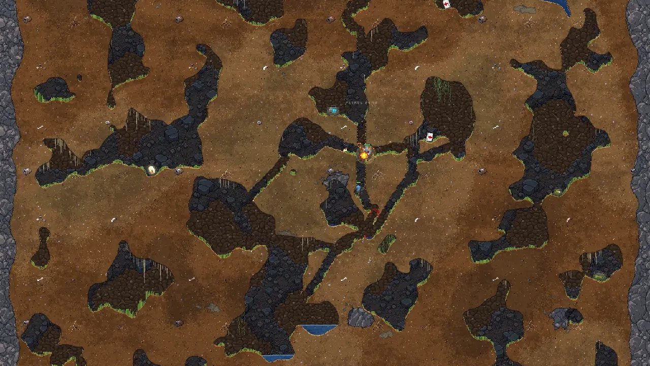 Every map is a weapon Vertical battlefield panorama from the official Dirtnap site — destructible craters carved into procedural terrain.