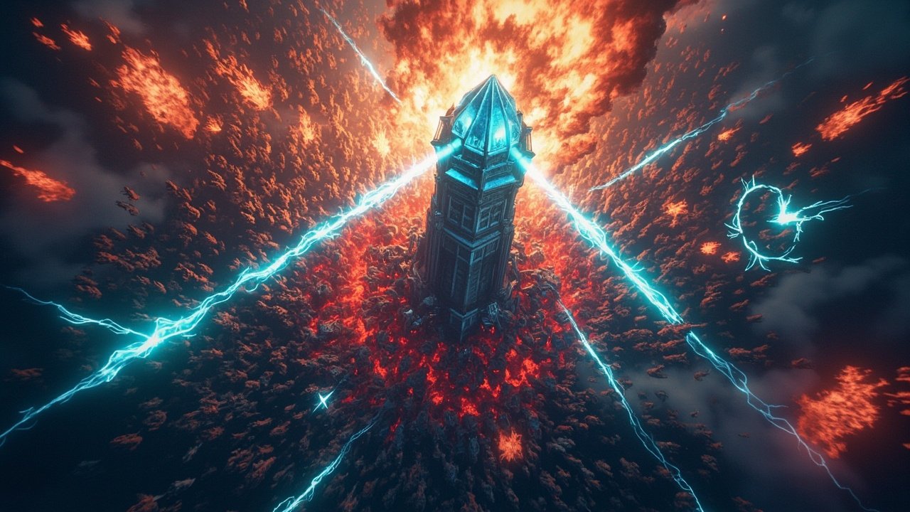 Endgame swarms AI 生成的俯视图:水晶塔释放元素攻击,对抗压倒性的怪物大军