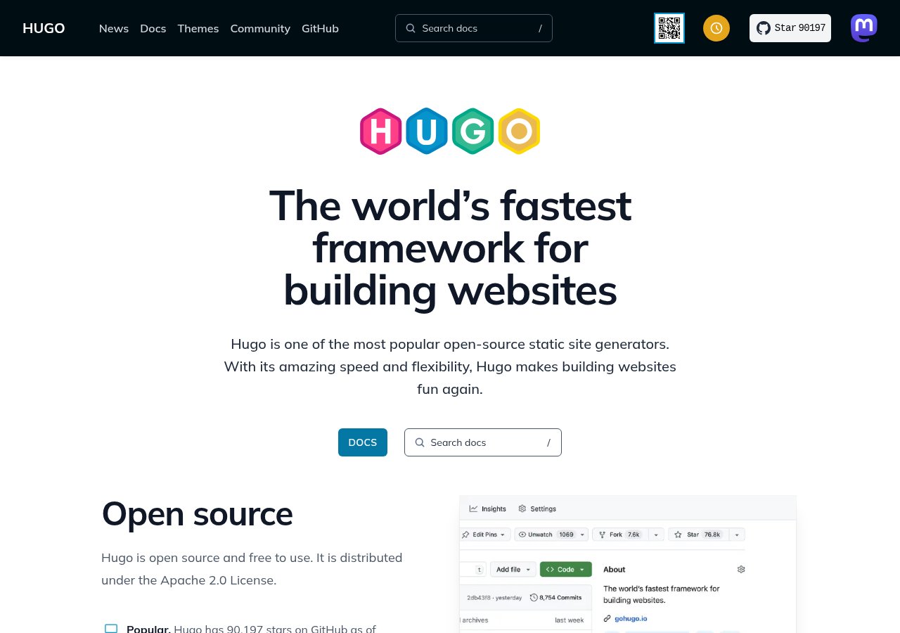 gohugo.io 官方首页截图,显示 Hugo 彩色字标、"The world's fastest framework for building websites" 标语,以及 Hugo GitHub 仓库预览。