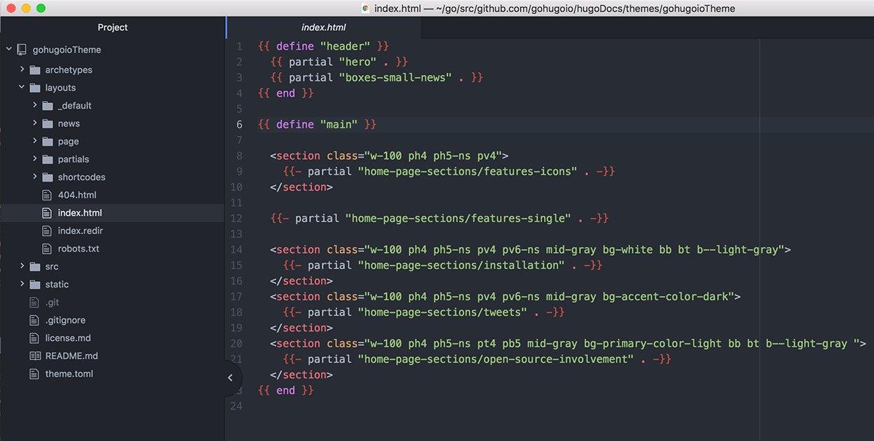 代码编辑器中 gohugioTheme 的 index.html 模板截图,展示 Hugo 模板的 define 块与 partial 调用如何拼装 Hugo 文档站首页。