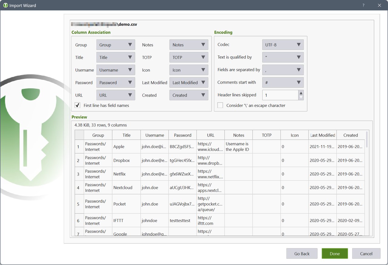 Importing entries from CSV KeePassXC CSV import wizard showing column mapping between spreadsheet fields and KeePassXC entry fields