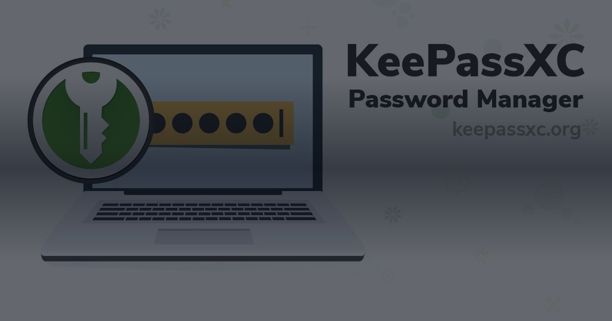 KeePassXC official artwork Official KeePassXC branding artwork showing the green key logo inside a magnifying glass over a laptop with a masked password field