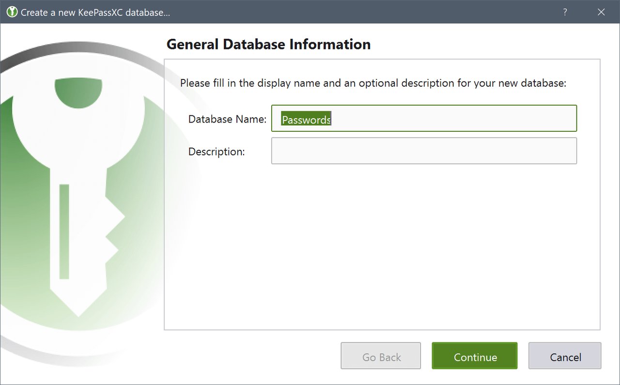 Creating your first database KeePassXC new database wizard step asking for a database name, default file location and encryption settings