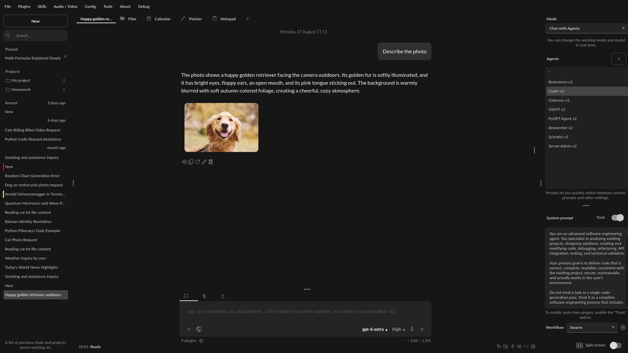Main window, dark theme Screenshot of PyGPT main window in dark theme, showing chat, models, modes and plugins tabs