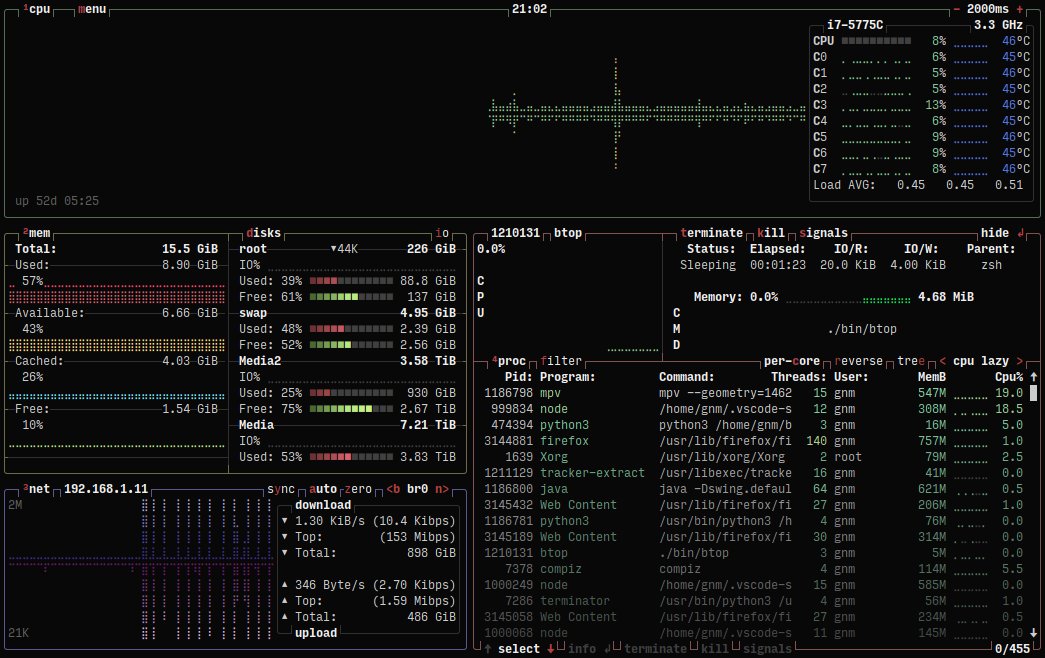 The default btop++ view btop++ main dashboard showing CPU, memory, network, and process panels on a dark theme