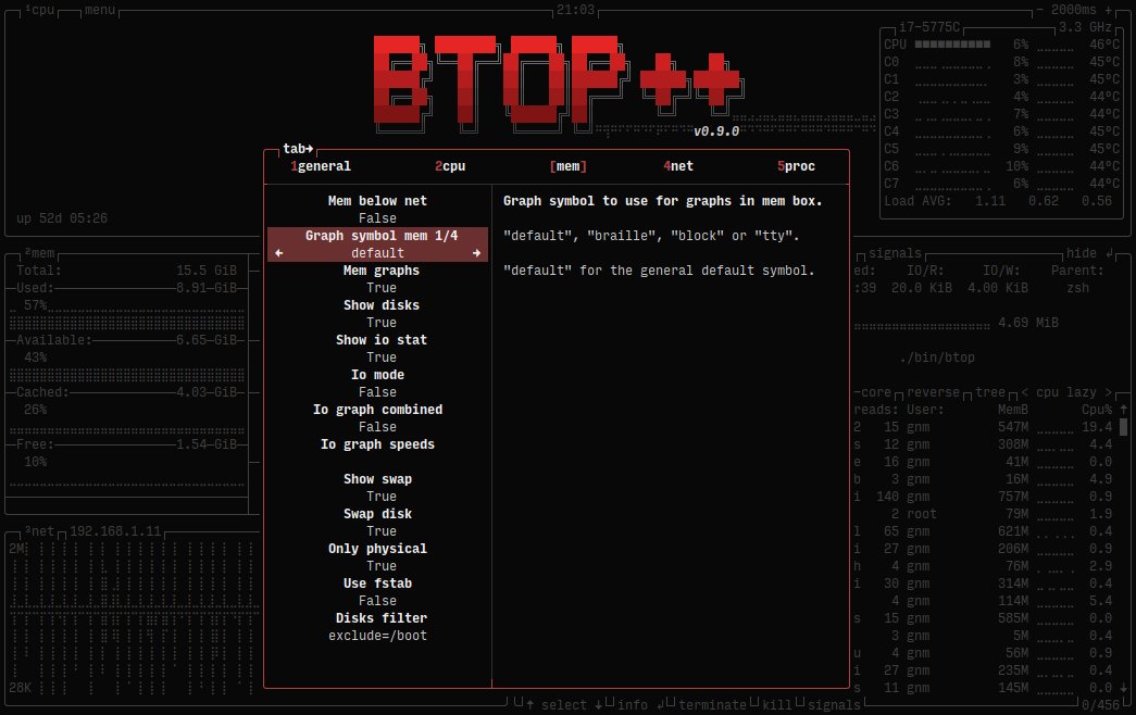 In-monitor options menu btop++ options menu opened inside the running monitor, showing configuration categories